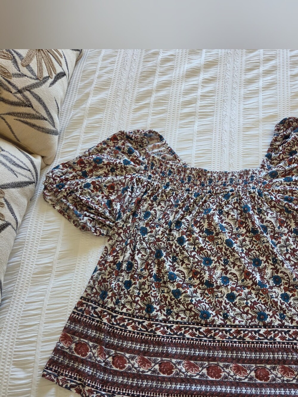 Lucky Brand Cream Floral Smocked Peasant Top with Blue & Brown Accents